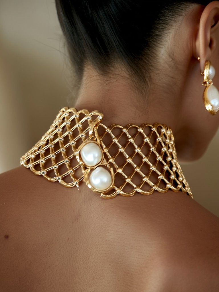 Acco gold lattice choker with pearls at the nape, worn from behind