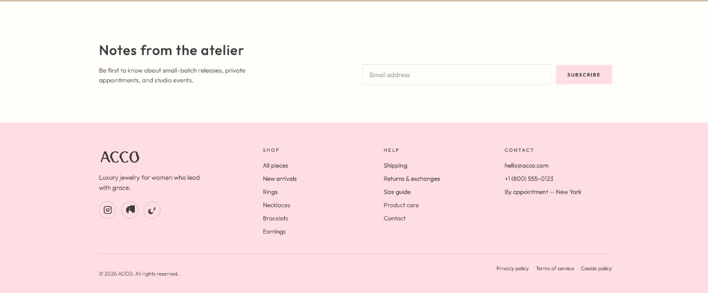 ACCO retail site — newsletter and footer