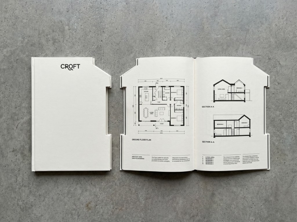 Croft Residences brochure: die-cut cover and open spread with ground floor plan and sections on concrete