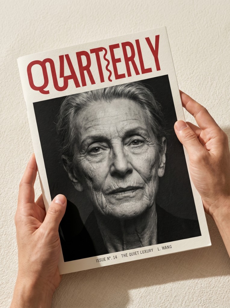 Quarterly magazine issue 14 cover, The Quiet Luxury, held in hands against textured wall