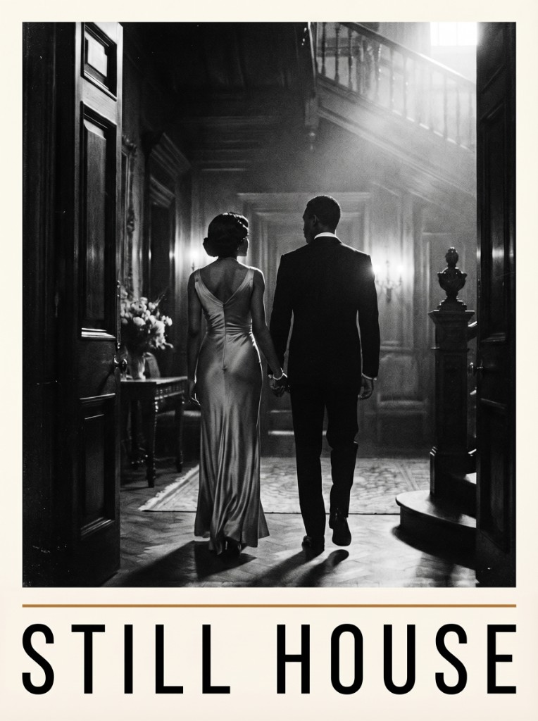 Still House poster: black-and-white couple in formal dress walking through open doors toward a grand interior, gold rule and logotype