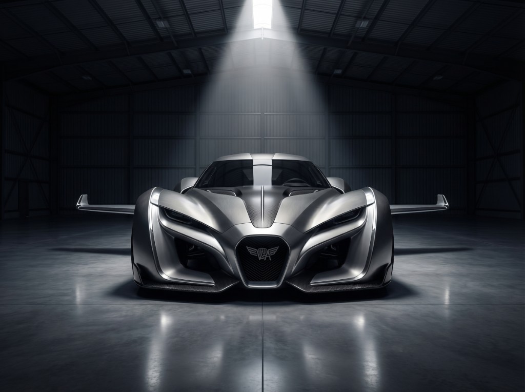 Vance silver hypercar, front view in a dark hangar under a single overhead spotlight, carbon hood stripe, side aero fins, reflective floor